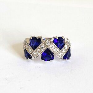 Vintage Sparkly Chunky White Royal Blue Rhinestone Crystal Heart Ring 8